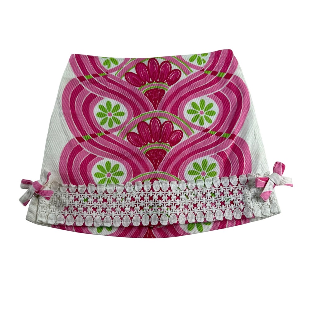Lilly Pulitzer Jubilee Skort Girls 12 Pink Green Floral Lace Trim Bows Skirt